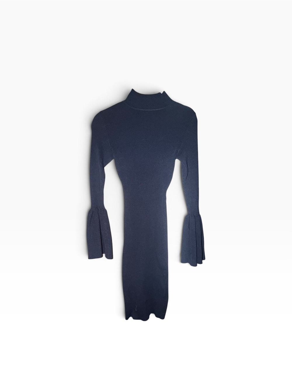 VENUS Navy Ribbed Mock-Neck Midi Dress with Bell Sleeves